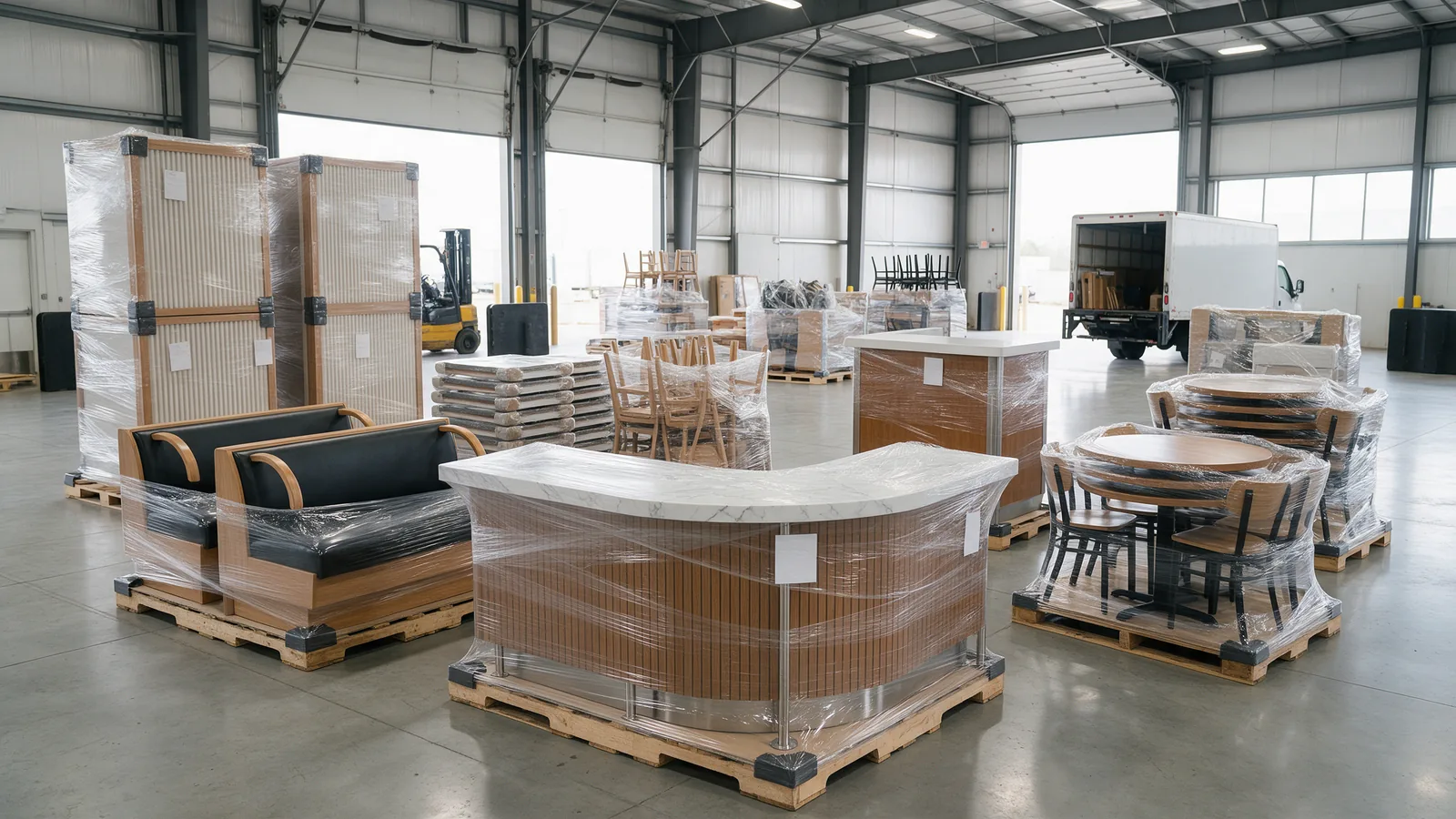 Restaurant counters, seating and interior components prepared for off-site installation
